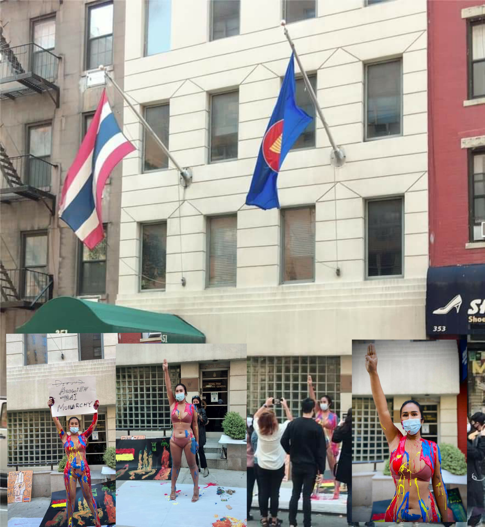 สาวไทยบุกถอดเสื้อผ้าหน้ากงสุลไทยในนิวยอร์ก ชูสามนิ้วละเลงสี